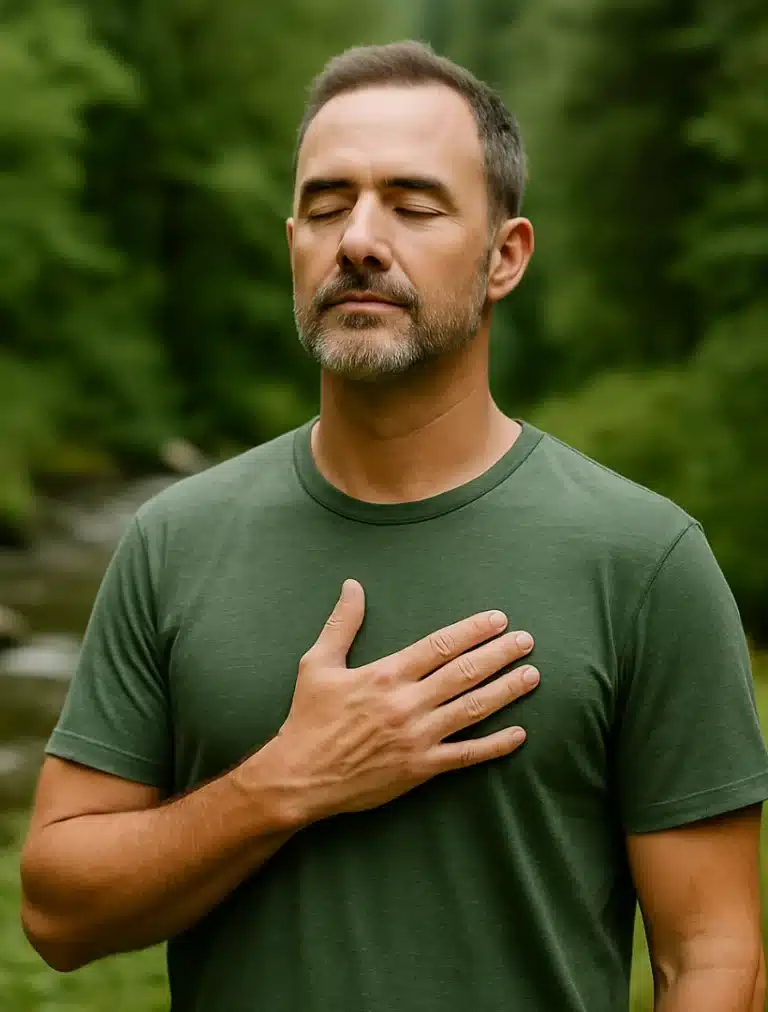 Man standing outdoors with eyes closed and hand on chest, practicing mindfulness in nature.