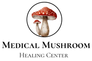 Watercolor illustration of two red-capped mushrooms with white spots, used as the logo for Medical Mushroom Healing Center.
