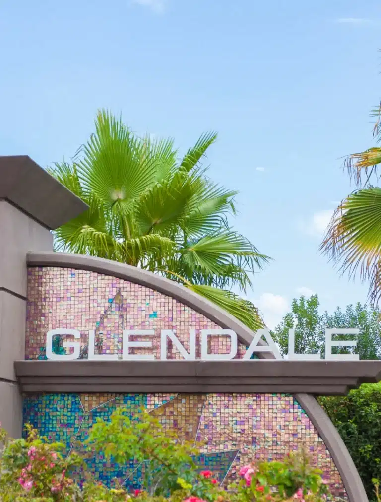 Glendale California downtown skyline with modern buildings and Verdugo Mountains in the background.