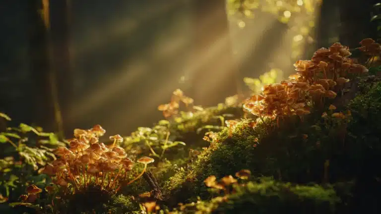 Golden medicinal mushrooms growing on moss in sunlight, symbolizing natural healing and wellness.