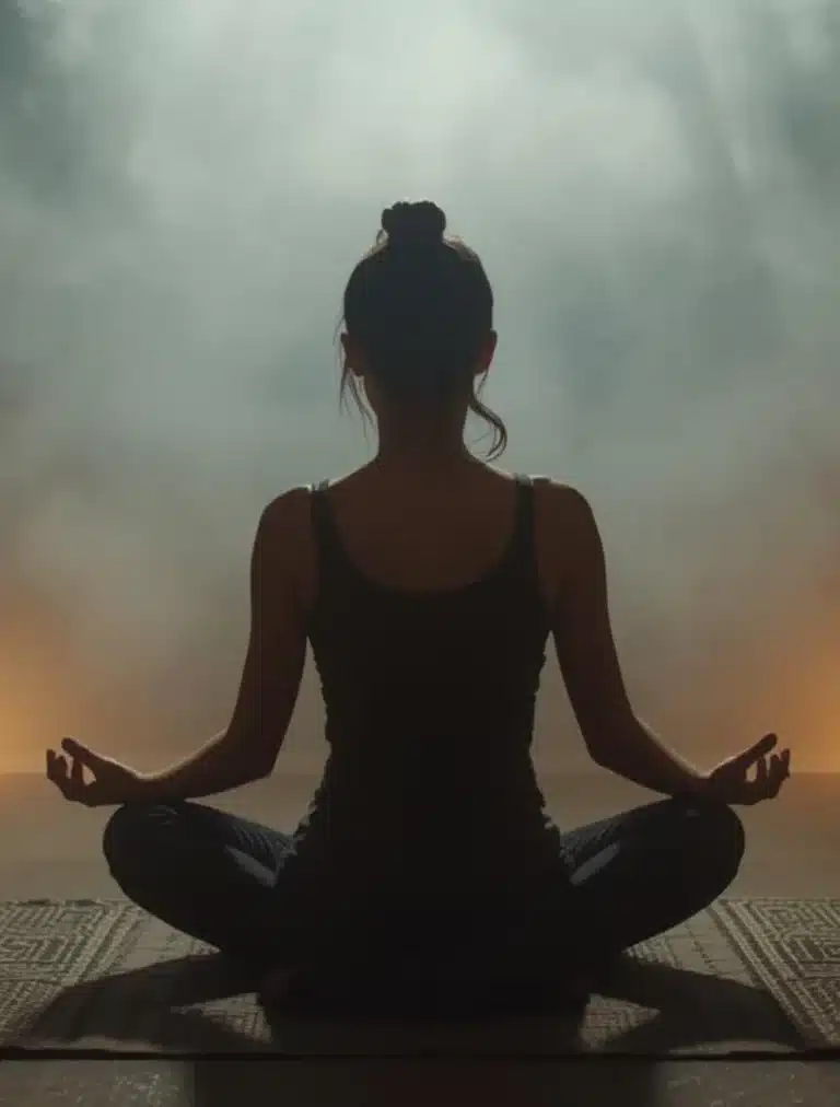 Person meditating in a peaceful room with warm light and mist, representing mindfulness and healing therapy in Alhambra.
