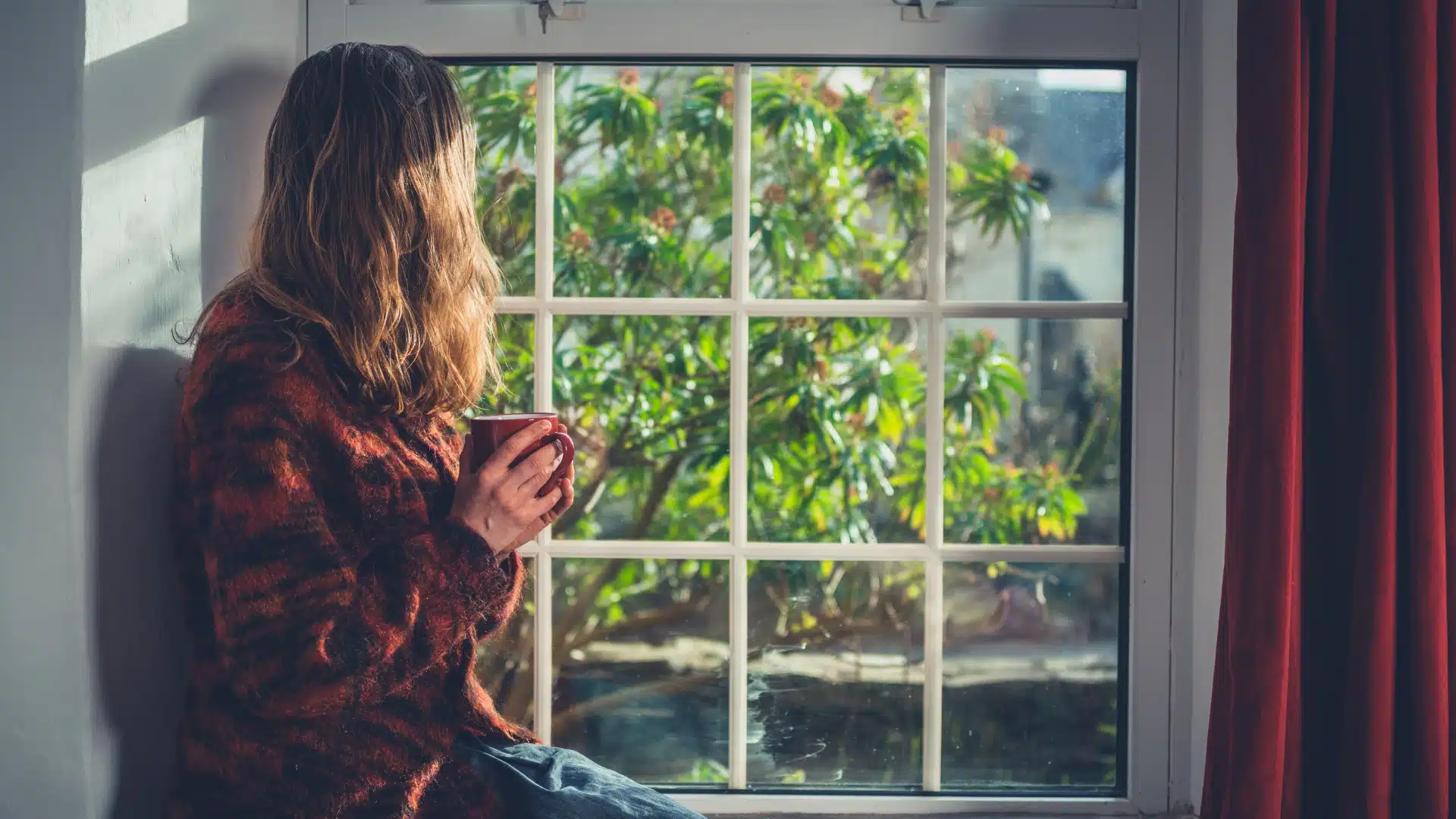 Person sitting by a window holding a mug and looking outside, symbolizing mindfulness, calm reflection, and natural wellness explored in medicinal mushroom safety guide.