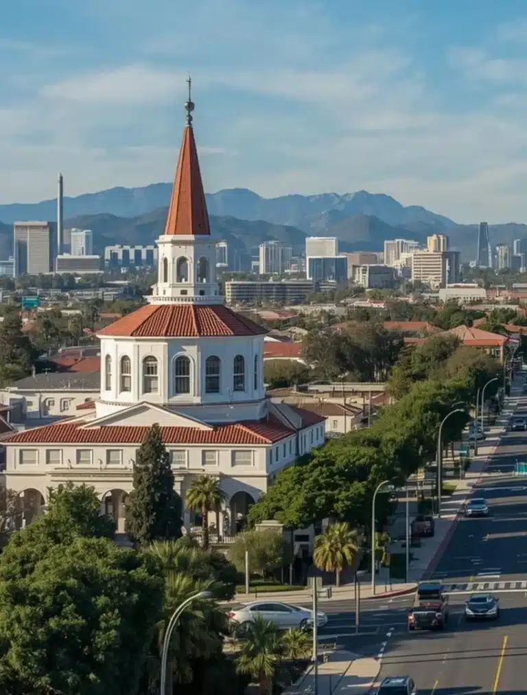 Scenic view of Burbank, California, featuring a historic church tower and skyline with San Fernando Valley mountains.