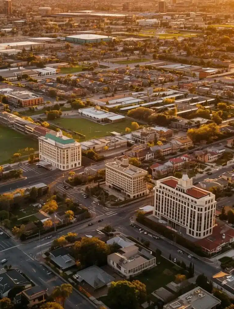Quiet streets and palm trees in Burbank at sunset, representing a peaceful city atmosphere