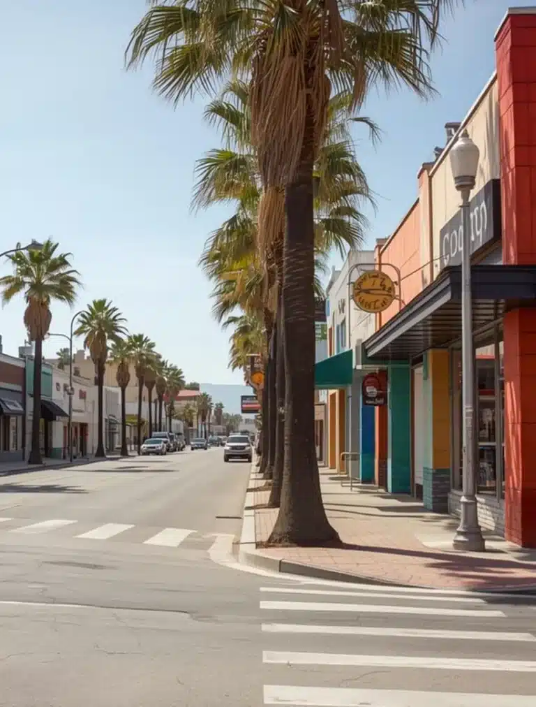 Palm-lined street in El Monte, California, showing vibrant downtown shops and wellness center locations.
