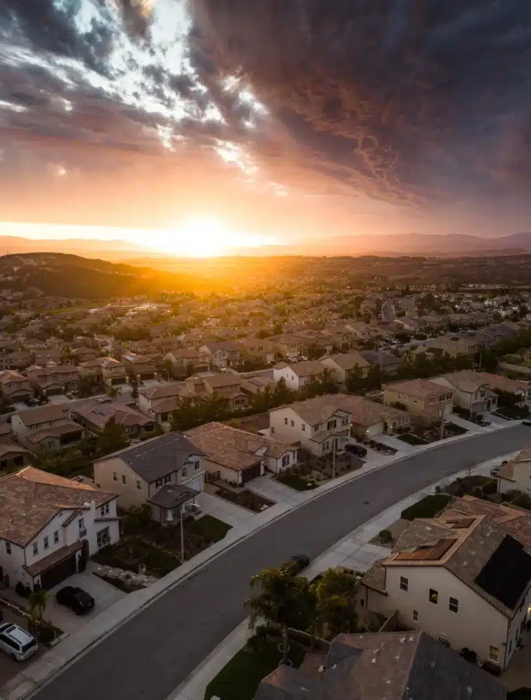 Suburban California neighborhood at sunset, symbolizing calm and renewal at local wellness and healing centers.