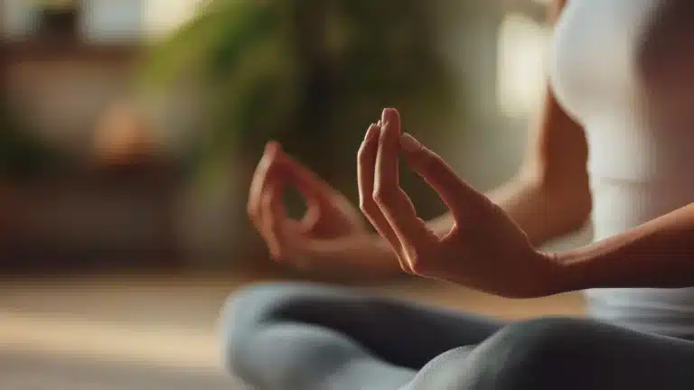 Close-up of a person meditating in a calm indoor setting, representing balance and emotional wellness through natural healing.