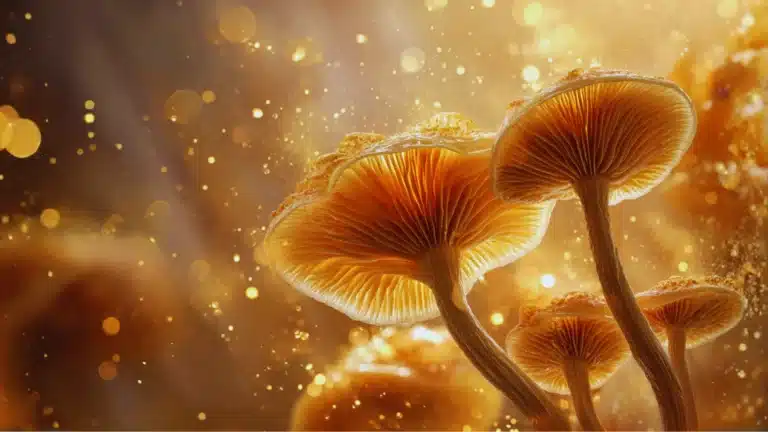 Golden adaptogenic mushrooms glowing in soft light, symbolizing natural stress relief and holistic healing.
