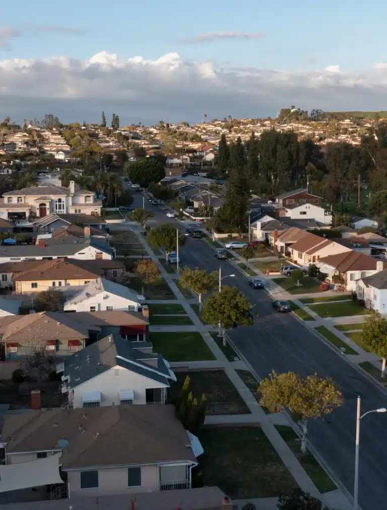 Residential streets in Montebello California showing homes, trees, and suburban layout from above
